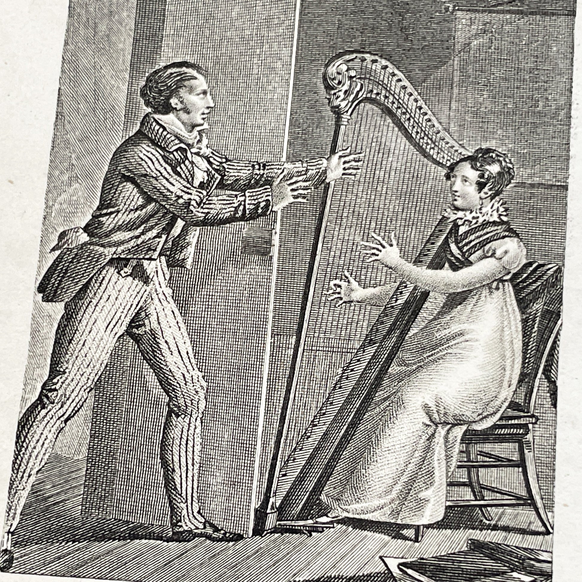 Early 19th - Chromo Print - Father and Daughter Musical Scene with Harp - Sentimental French Engraving - Romantic Period Collectible