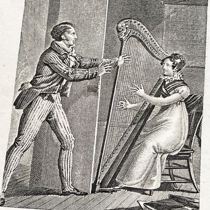 Early 19th - Chromo Print - Father and Daughter Musical Scene with Harp - Sentimental French Engraving - Romantic Period Collectible