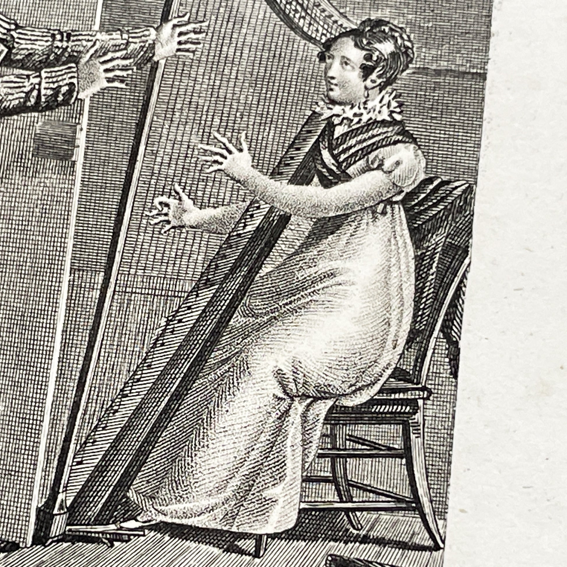 Early 19th - Chromo Print - Father and Daughter Musical Scene with Harp - Sentimental French Engraving - Romantic Period Collectible