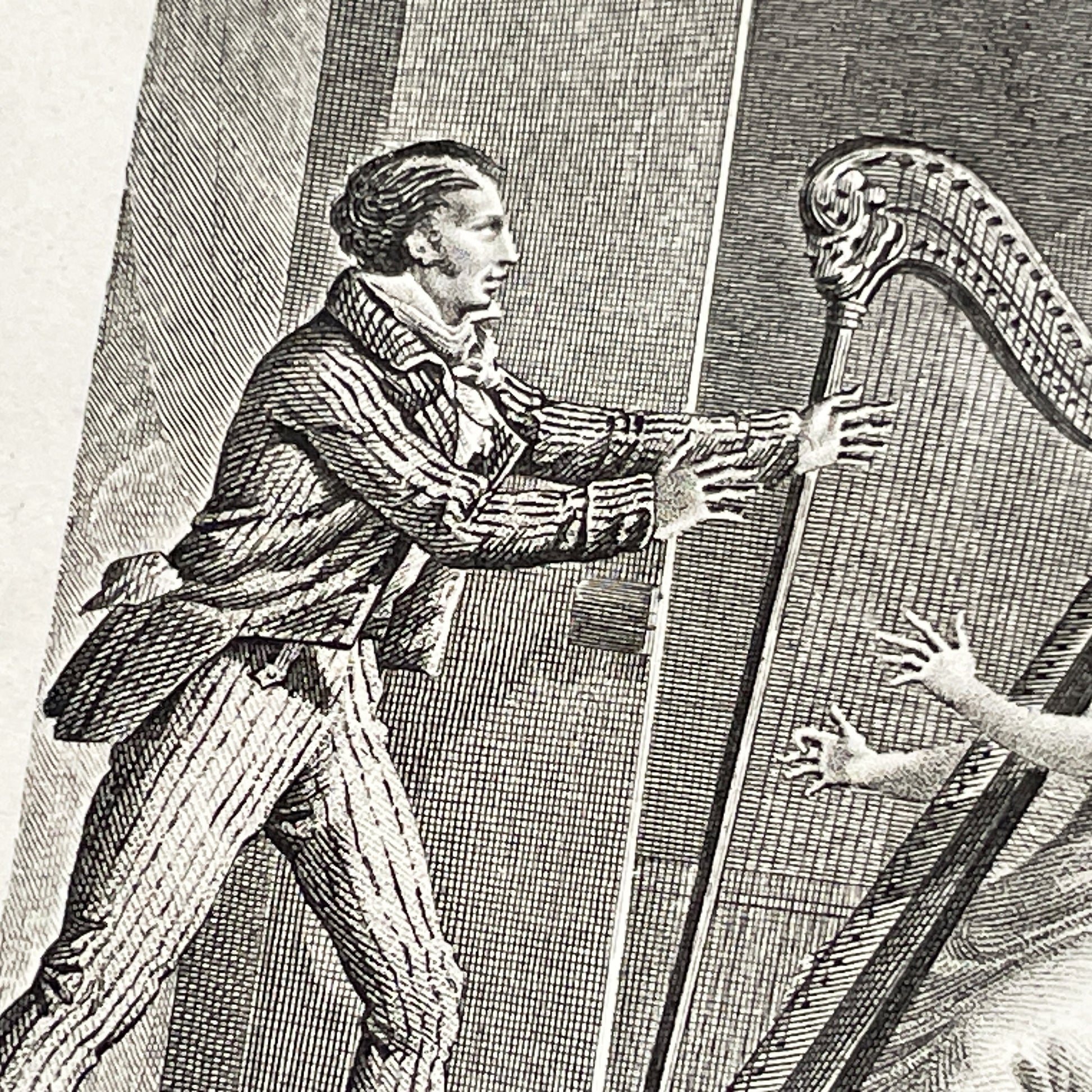 Early 19th - Chromo Print - Father and Daughter Musical Scene with Harp - Sentimental French Engraving - Romantic Period Collectible