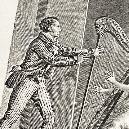 Early 19th - Chromo Print - Father and Daughter Musical Scene with Harp - Sentimental French Engraving - Romantic Period Collectible