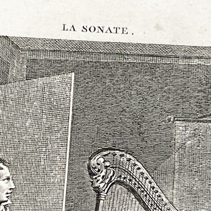 Early 19th - Chromo Print - Father and Daughter Musical Scene with Harp - Sentimental French Engraving - Romantic Period Collectible