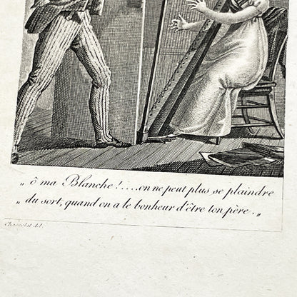 Early 19th - Chromo Print - Father and Daughter Musical Scene with Harp - Sentimental French Engraving - Romantic Period Collectible