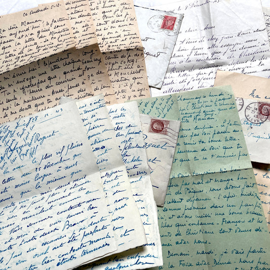 Lot of 1940s French handwritten letters with various paper types and postmarked envelopes visible.