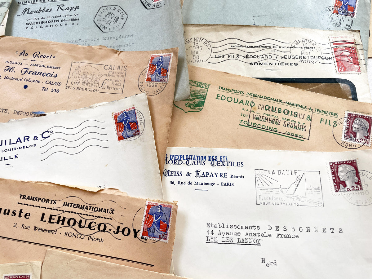 1950s - Lot of 20 Vintage French Business Envelopes – 1950s/1960s Ephemera for Junk Journals, Collage & Paper Crafts