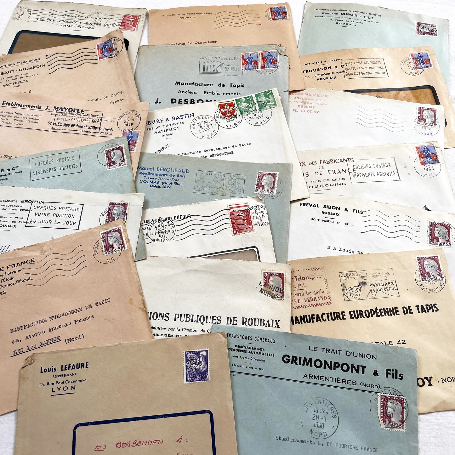 1950s - Lot of 20 Vintage French Business Envelopes – 1950s/1960s Ephemera for Junk Journals, Collage & Paper Crafts
