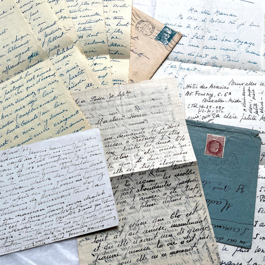 1940s French handwritten letters lot with vintage envelopes, stamps, and cursive script from Europe. Historic correspondence.