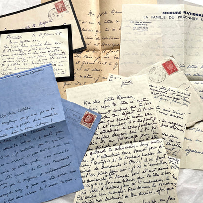 1940s French wartime letters lot with handwritten script, original stamps, and a 'Prisonnier de Guerre' document.