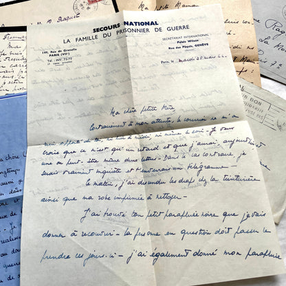 1940s French wartime letters lot with handwritten script, original stamps, and a 'Prisonnier de Guerre' document.