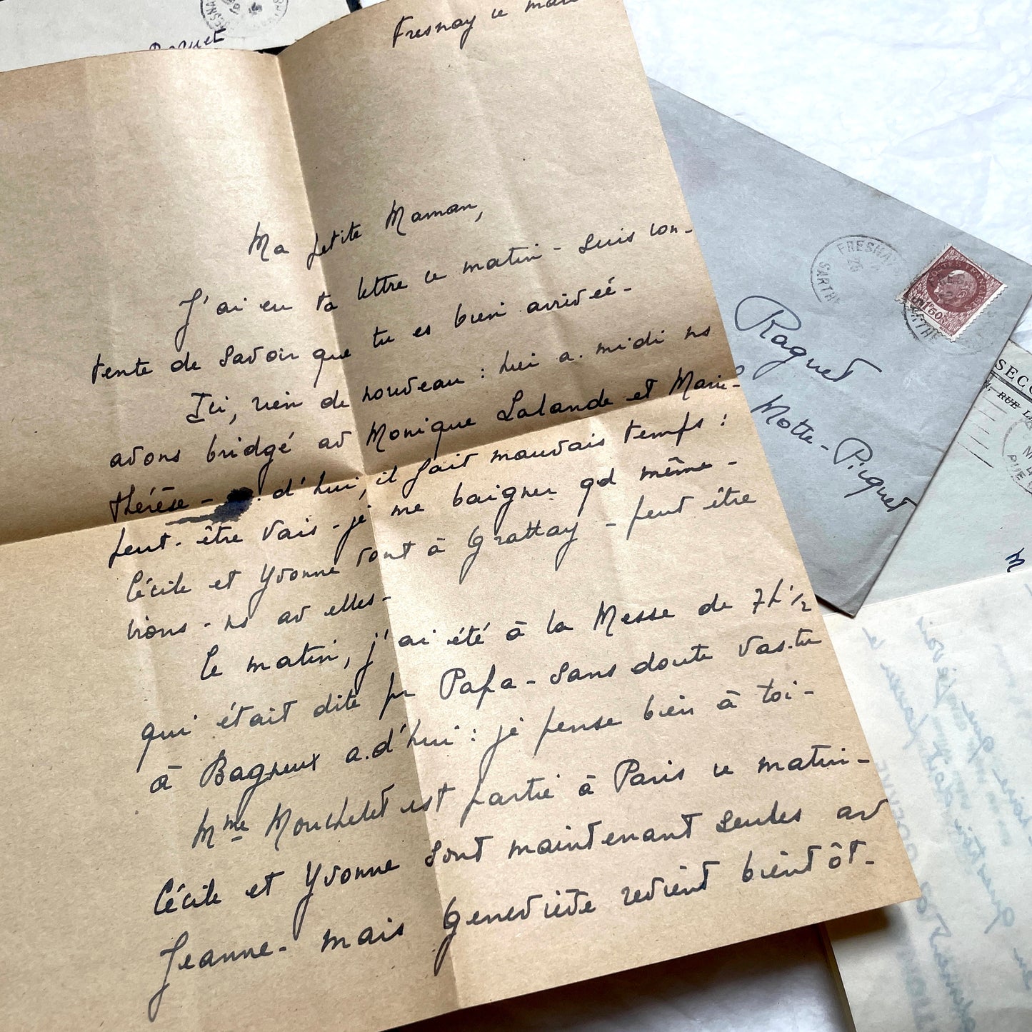 1940s French wartime letters lot with handwritten script, original stamps, and a 'Prisonnier de Guerre' document.