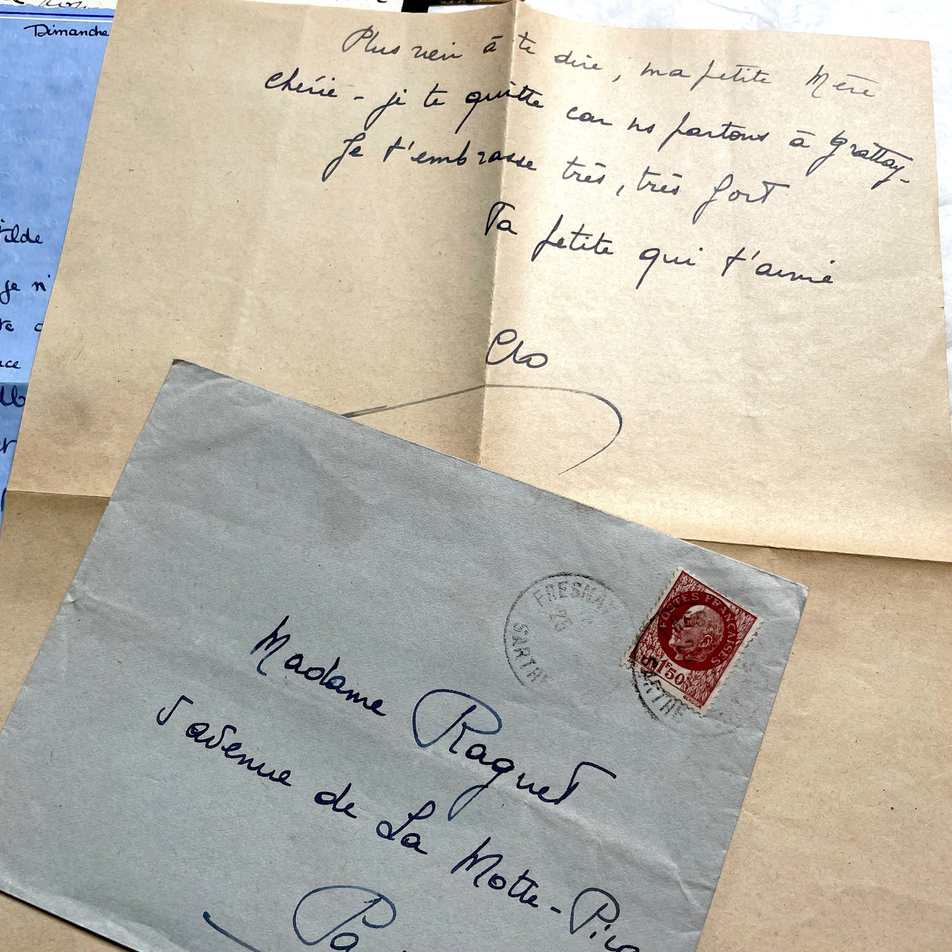 1940s French wartime letters lot with handwritten script, original stamps, and a 'Prisonnier de Guerre' document.