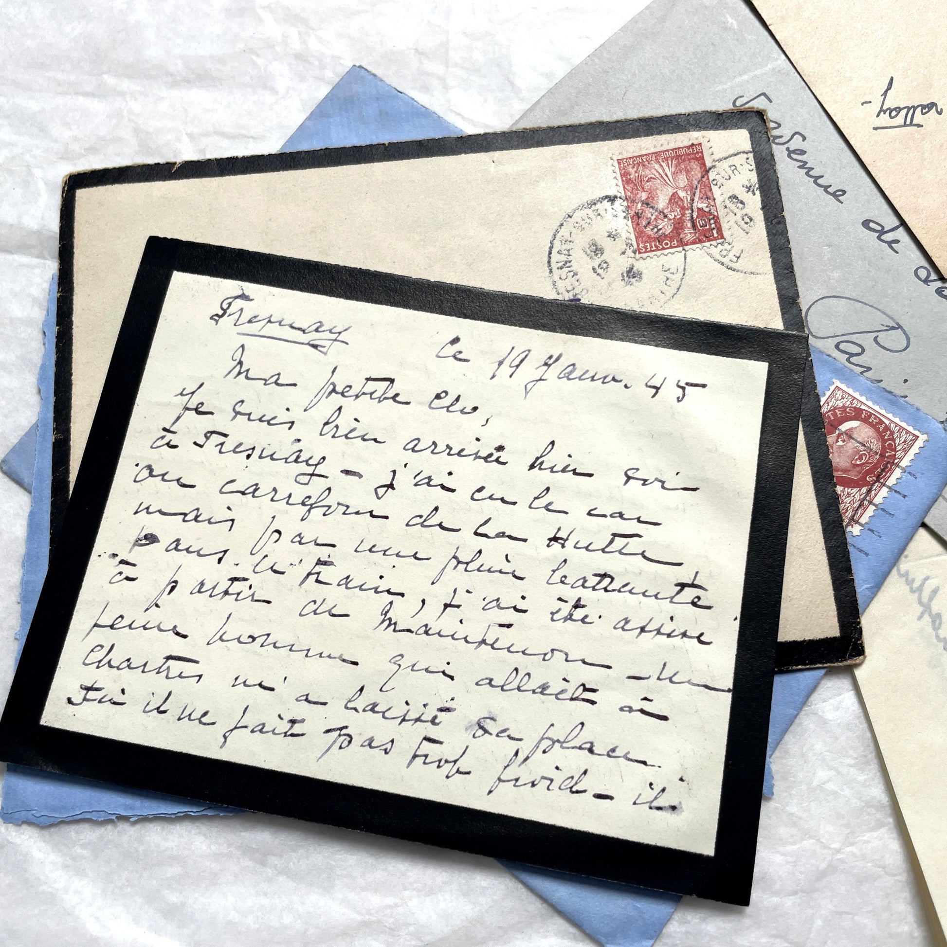 1940s French wartime letters lot with handwritten script, original stamps, and a 'Prisonnier de Guerre' document.