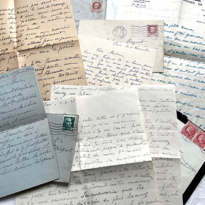Lot of 1940s French handwritten letters with vintage stamps and postmarks, showcasing old European correspondence.
