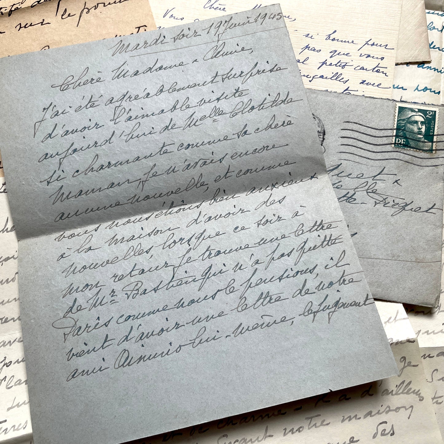 Lot of 1940s French handwritten letters with vintage stamps and postmarks, showcasing old European correspondence.