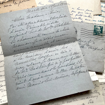 Lot of 1940s French handwritten letters with vintage stamps and postmarks, showcasing old European correspondence.