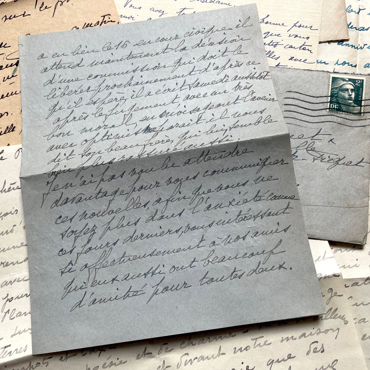 Lot of 1940s French handwritten letters with vintage stamps and postmarks, showcasing old European correspondence.