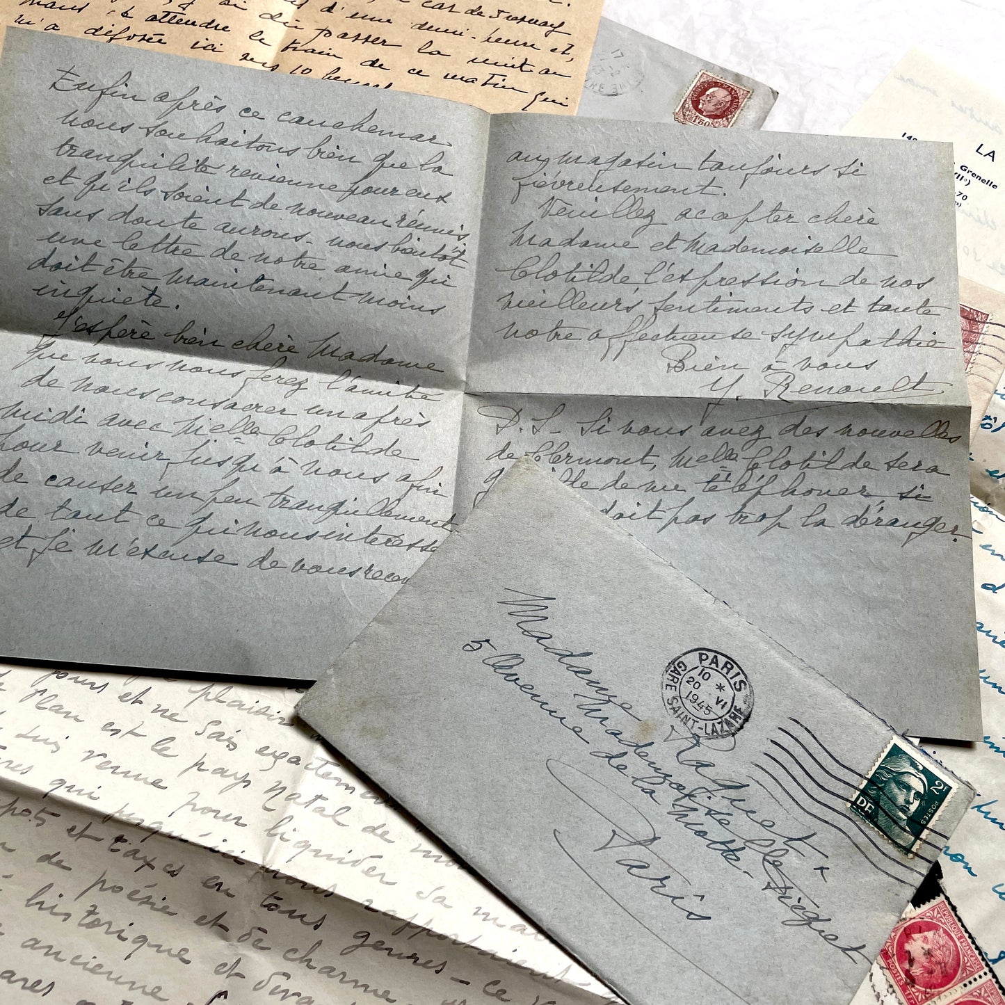 Lot of 1940s French handwritten letters with vintage stamps and postmarks, showcasing old European correspondence.