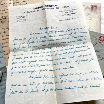 Lot of 1940s French handwritten letters with vintage stamps and postmarks, showcasing old European correspondence.