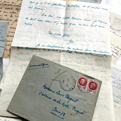 Lot of 1940s French handwritten letters with vintage stamps and postmarks, showcasing old European correspondence.