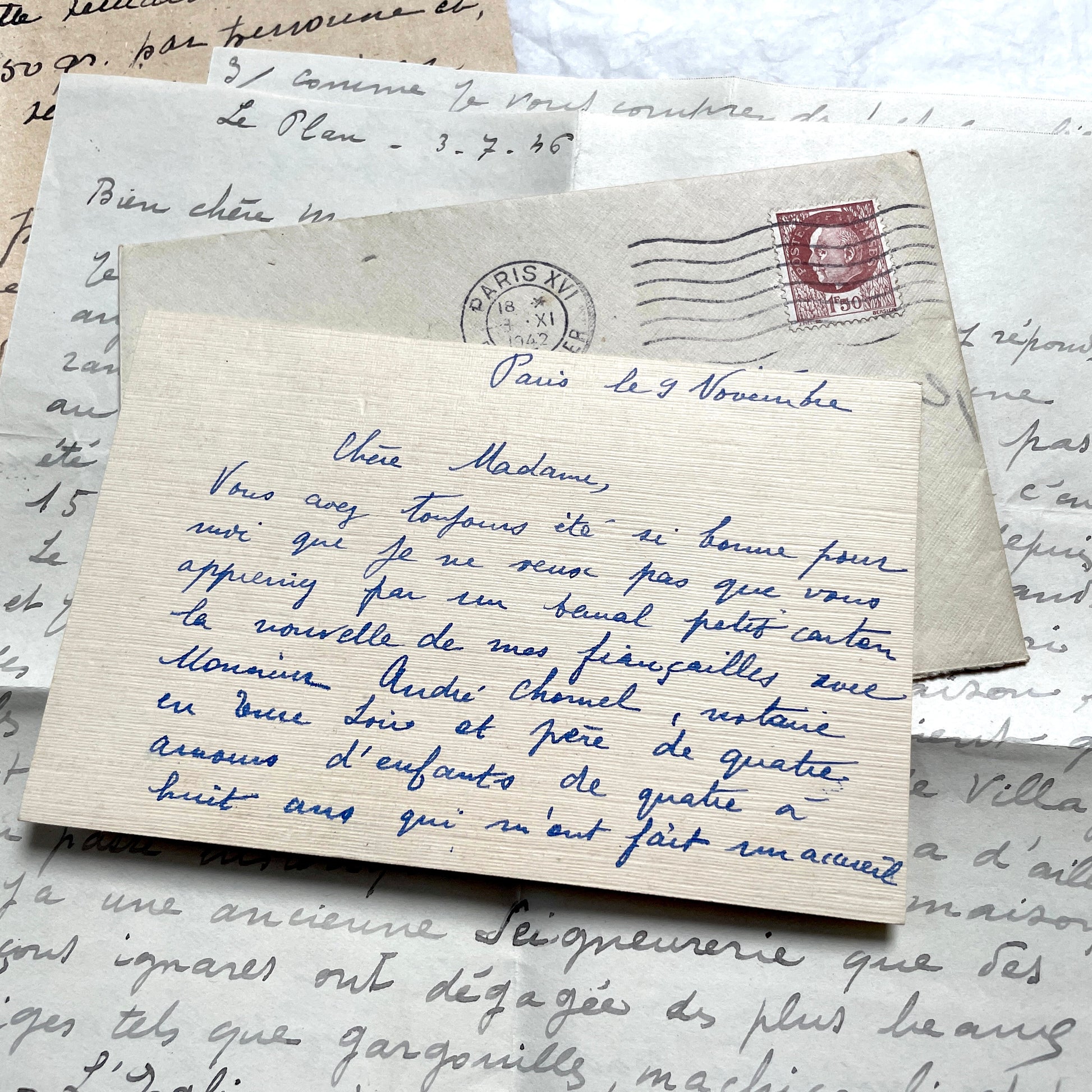 Lot of 1940s French handwritten letters with vintage stamps and postmarks, showcasing old European correspondence.
