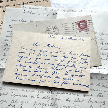 Lot of 1940s French handwritten letters with vintage stamps and postmarks, showcasing old European correspondence.
