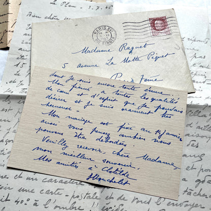 Lot of 1940s French handwritten letters with vintage stamps and postmarks, showcasing old European correspondence.