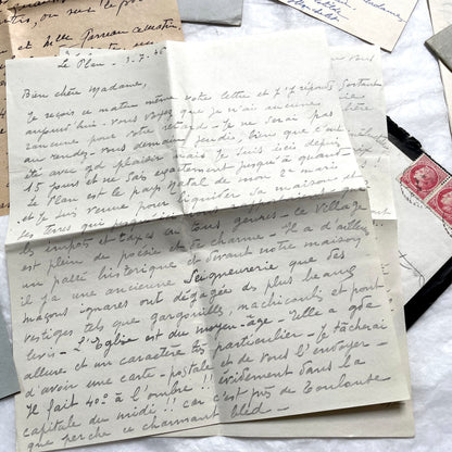 Lot of 1940s French handwritten letters with vintage stamps and postmarks, showcasing old European correspondence.
