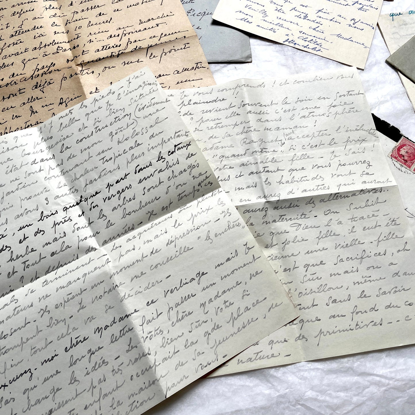 Lot of 1940s French handwritten letters with vintage stamps and postmarks, showcasing old European correspondence.