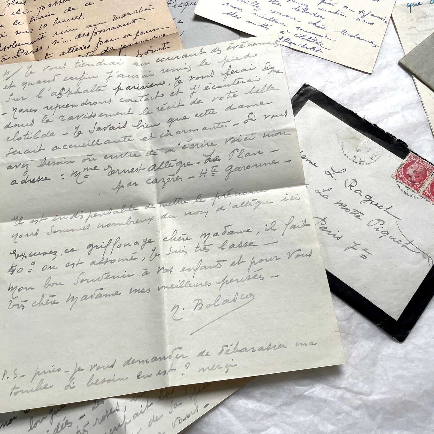 Lot of 1940s French handwritten letters with vintage stamps and postmarks, showcasing old European correspondence.
