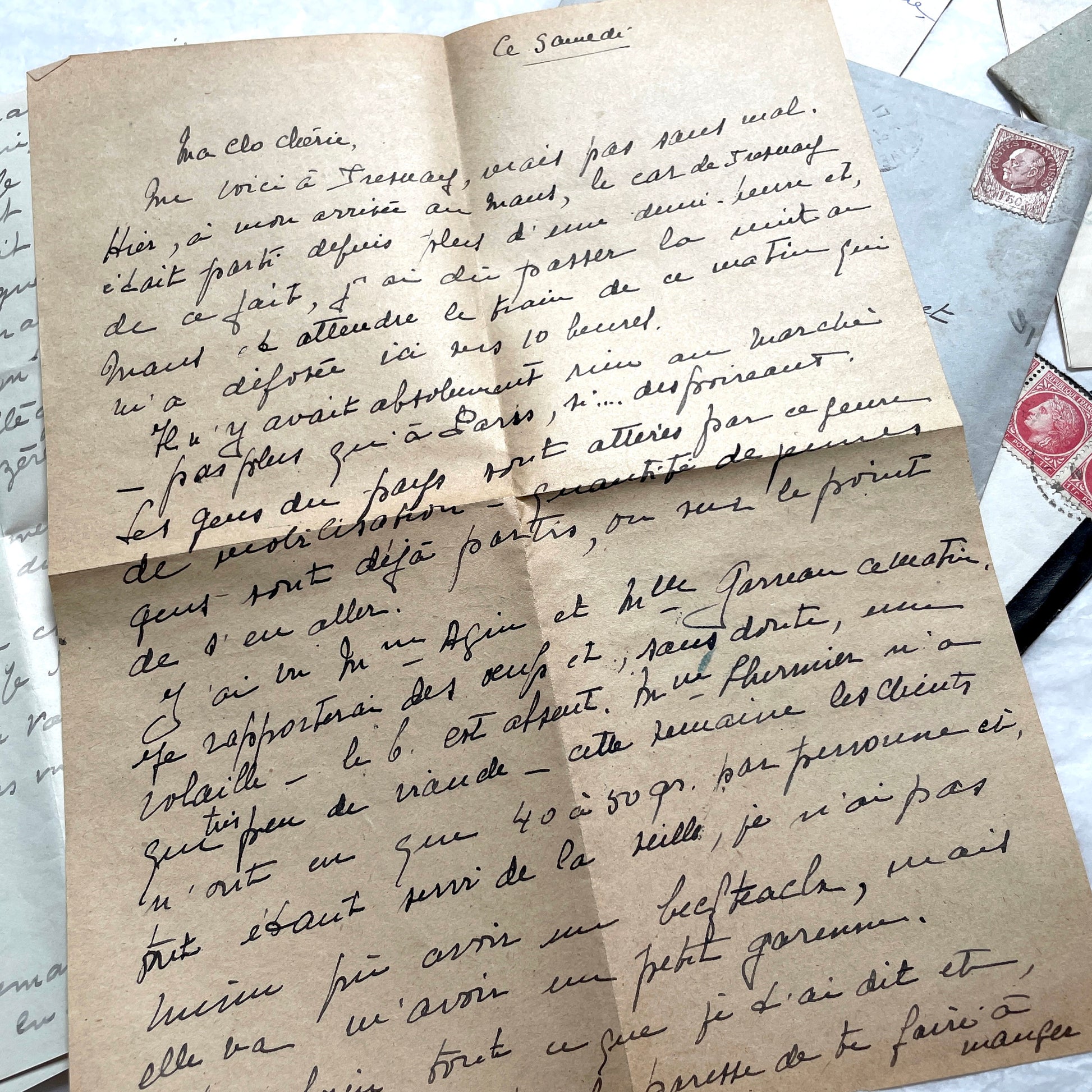 Lot of 1940s French handwritten letters with vintage stamps and postmarks, showcasing old European correspondence.