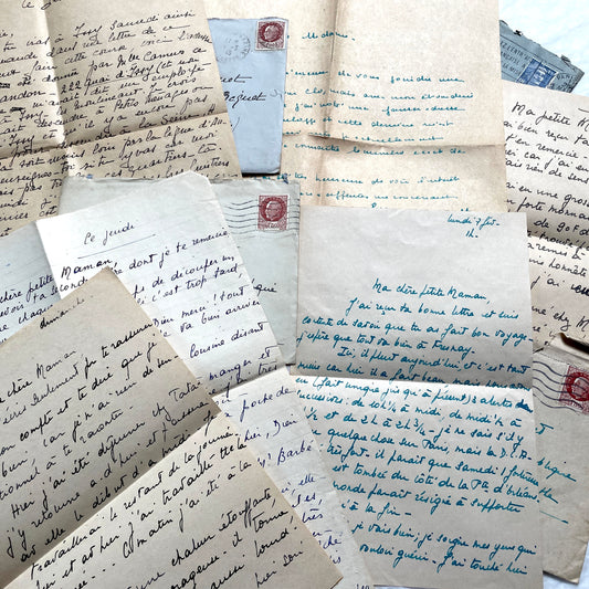 1940s French handwritten letters lot with envelopes and wartime stamps, showcasing vintage paper and cursive script.