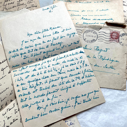1940s French handwritten letters lot with envelopes and wartime stamps, showcasing vintage paper and cursive script.