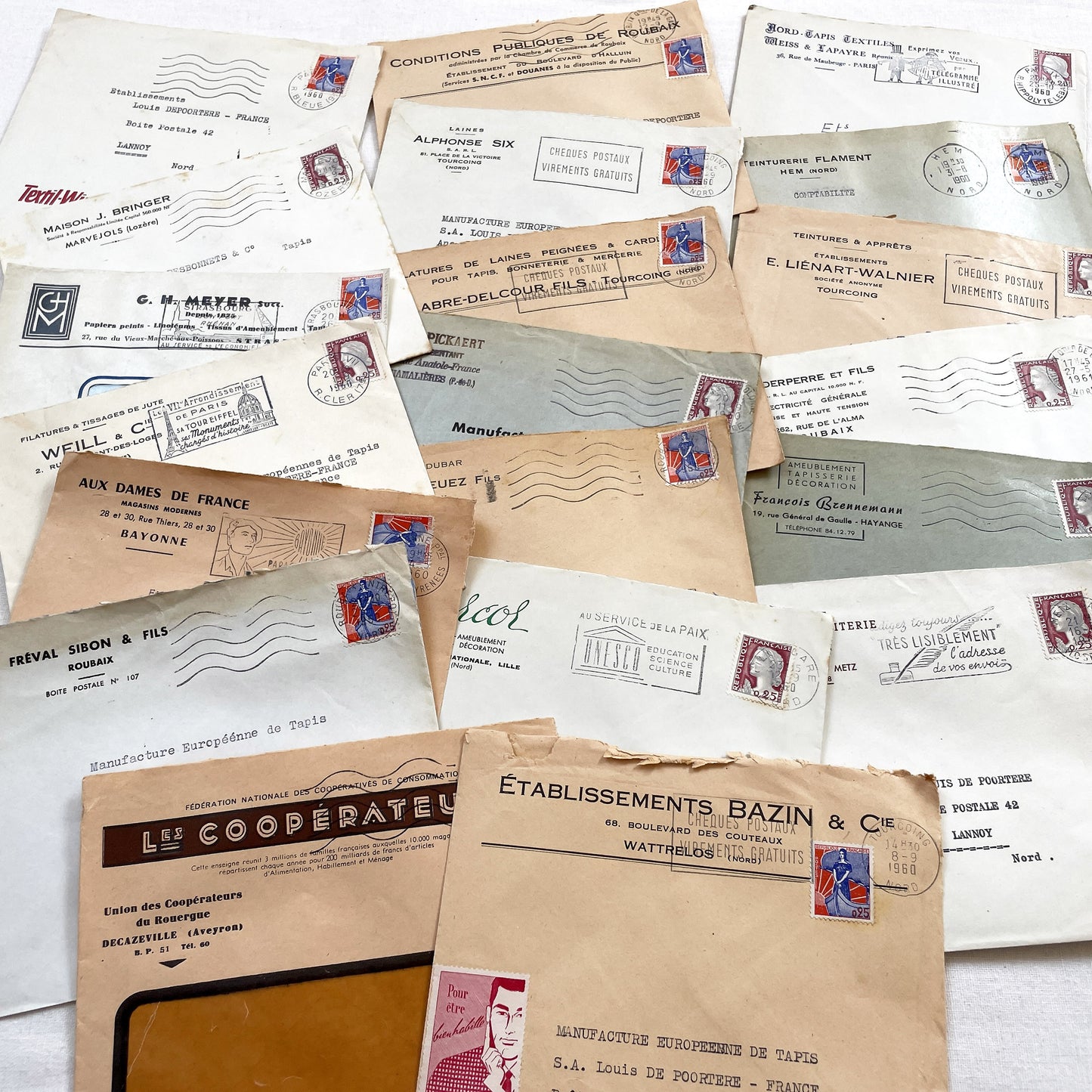 1950s - Lot of 20 Vintage French Business Envelopes – 1950s/1960s Ephemera for Junk Journals, Collage & Paper Crafts