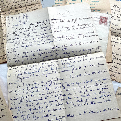 1940s French handwritten letters lot with envelopes and wartime stamps, showcasing vintage paper and cursive script.