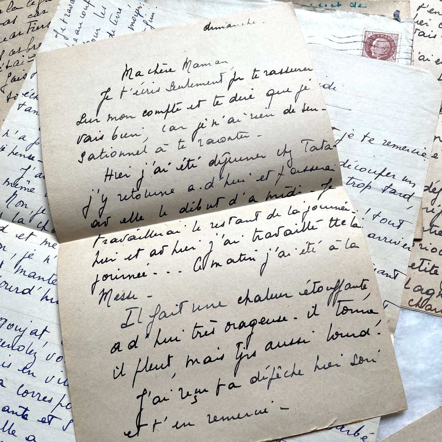 1940s French handwritten letters lot with envelopes and wartime stamps, showcasing vintage paper and cursive script.