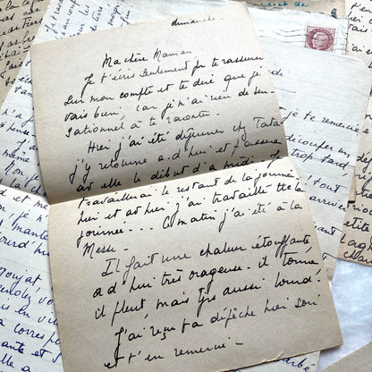 1940s French handwritten letters lot with envelopes and wartime stamps, showcasing vintage paper and cursive script.