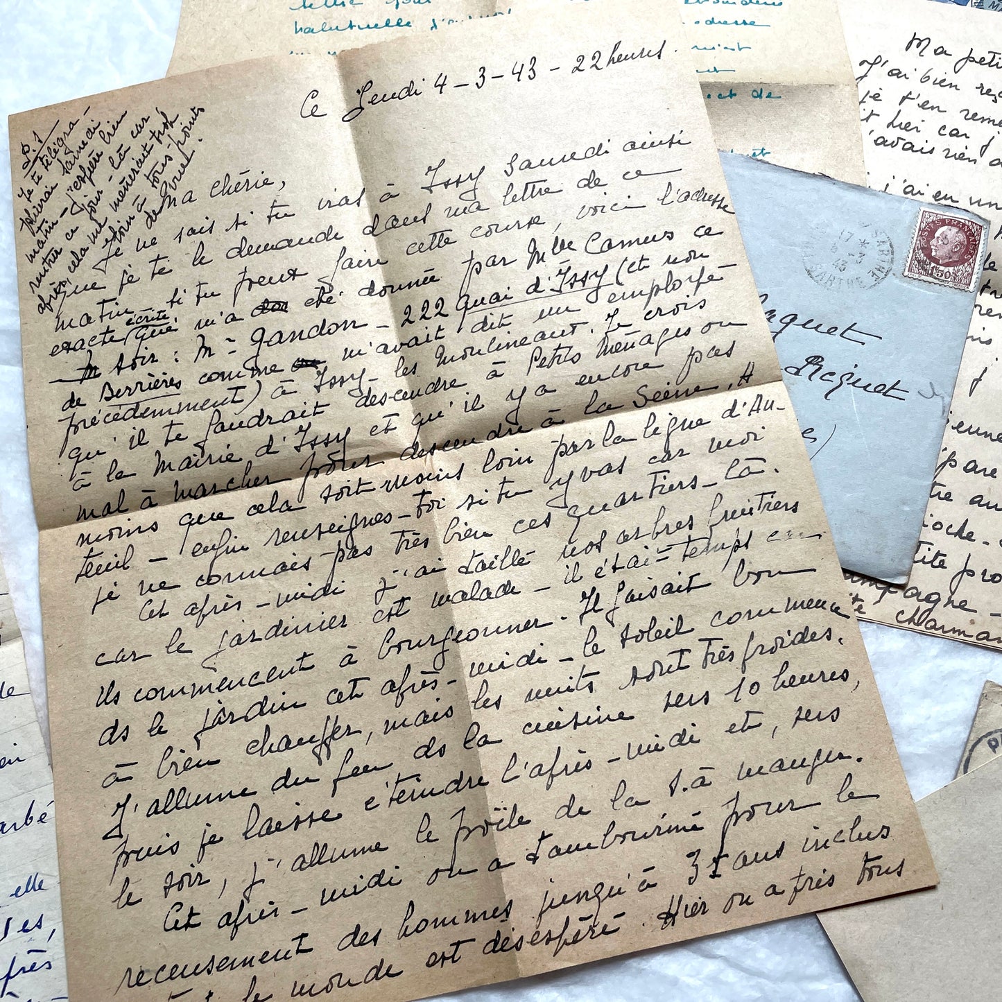 1940s French handwritten letters lot with envelopes and wartime stamps, showcasing vintage paper and cursive script.