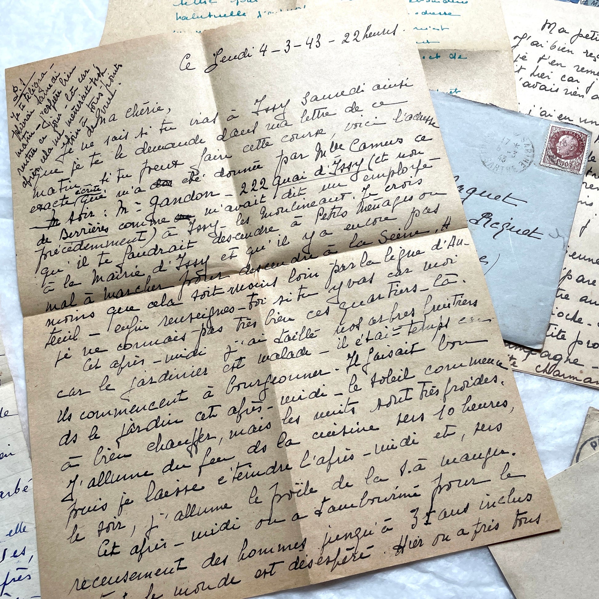 1940s French handwritten letters lot with envelopes and wartime stamps, showcasing vintage paper and cursive script.