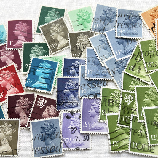 1970s - Lot of 50 Vintage British Postage Stamps - Queen Elizabeth II Machin Series - Colorful Collectible Stamp Mix