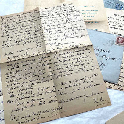1940s French handwritten letters lot with envelopes and wartime stamps, showcasing vintage paper and cursive script.