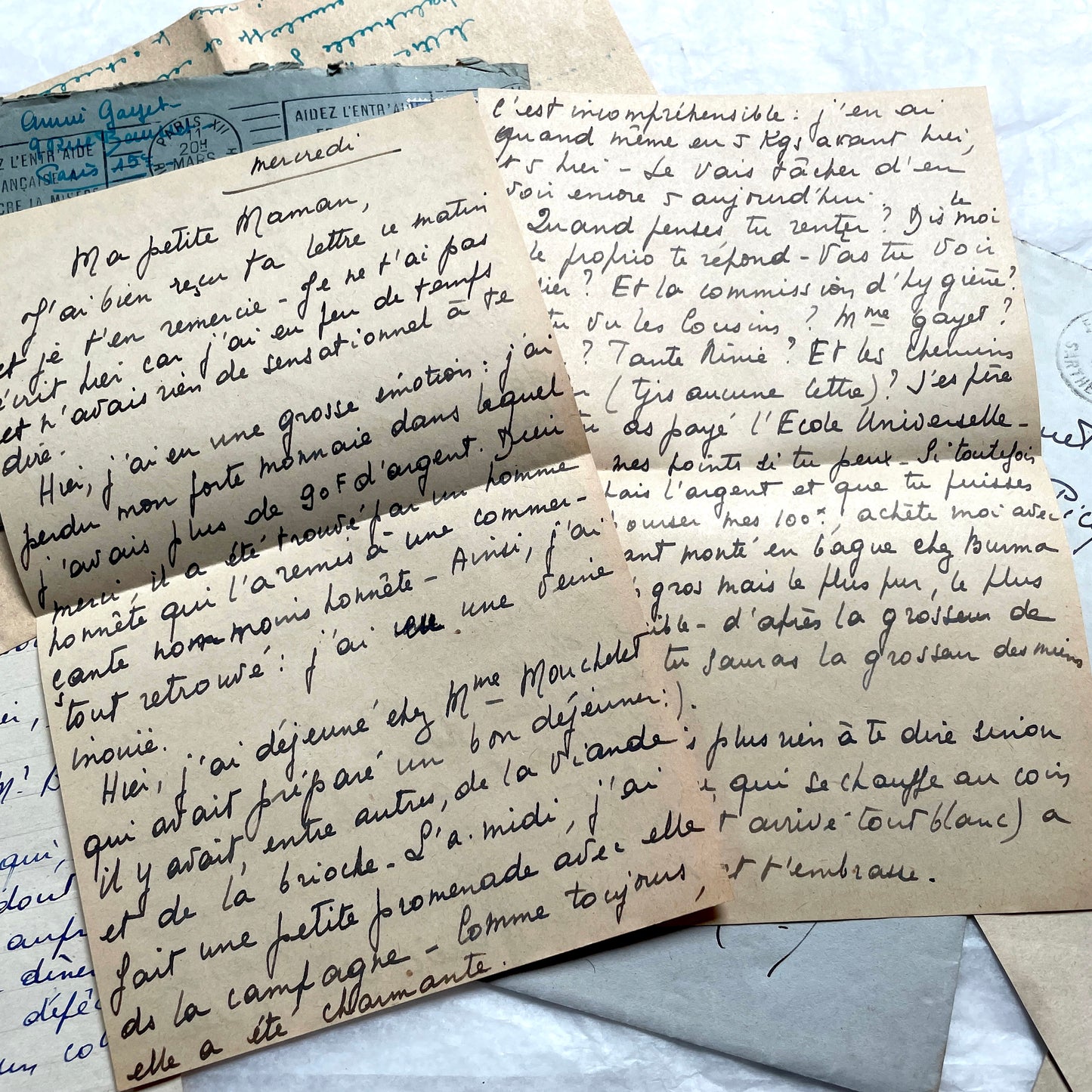 1940s French handwritten letters lot with envelopes and wartime stamps, showcasing vintage paper and cursive script.