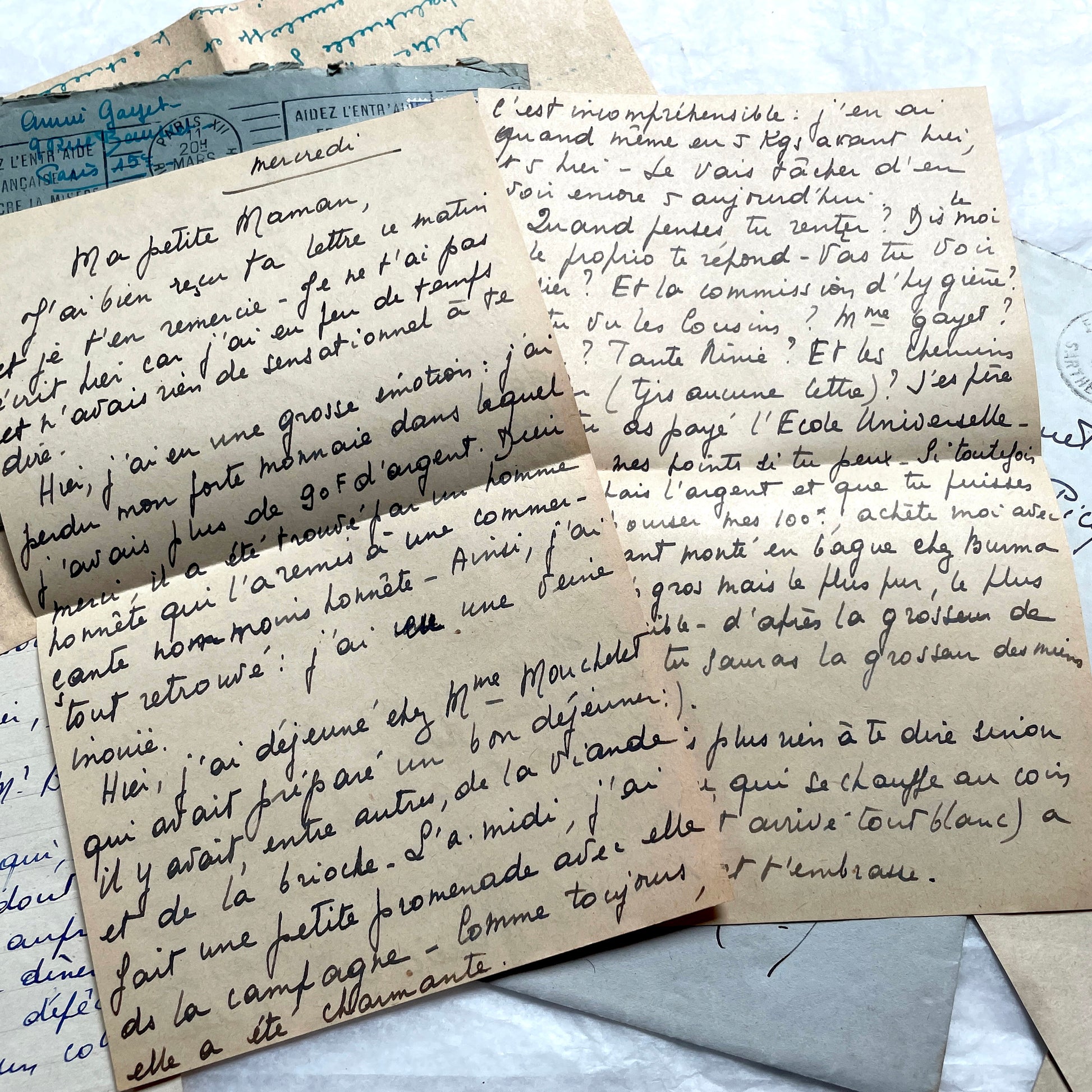 1940s French handwritten letters lot with envelopes and wartime stamps, showcasing vintage paper and cursive script.