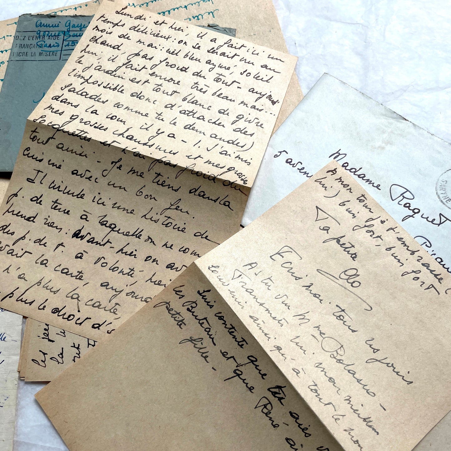 1940s French handwritten letters lot with envelopes and wartime stamps, showcasing vintage paper and cursive script.
