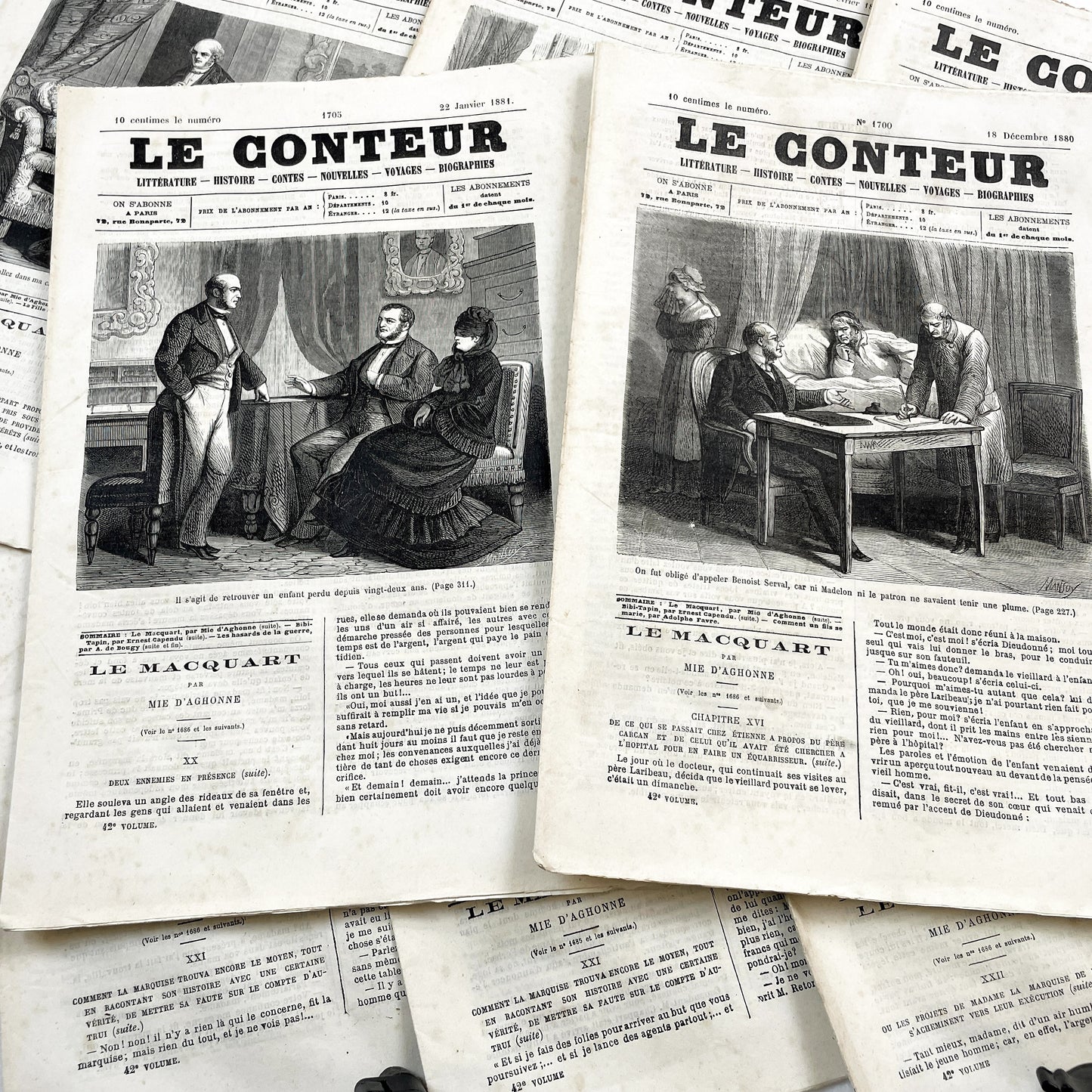 Late 19th - French Literary Newspaper Duo - Le Conteur Publications from 1880-1881 - Vintage French Periodical Set with Engravings