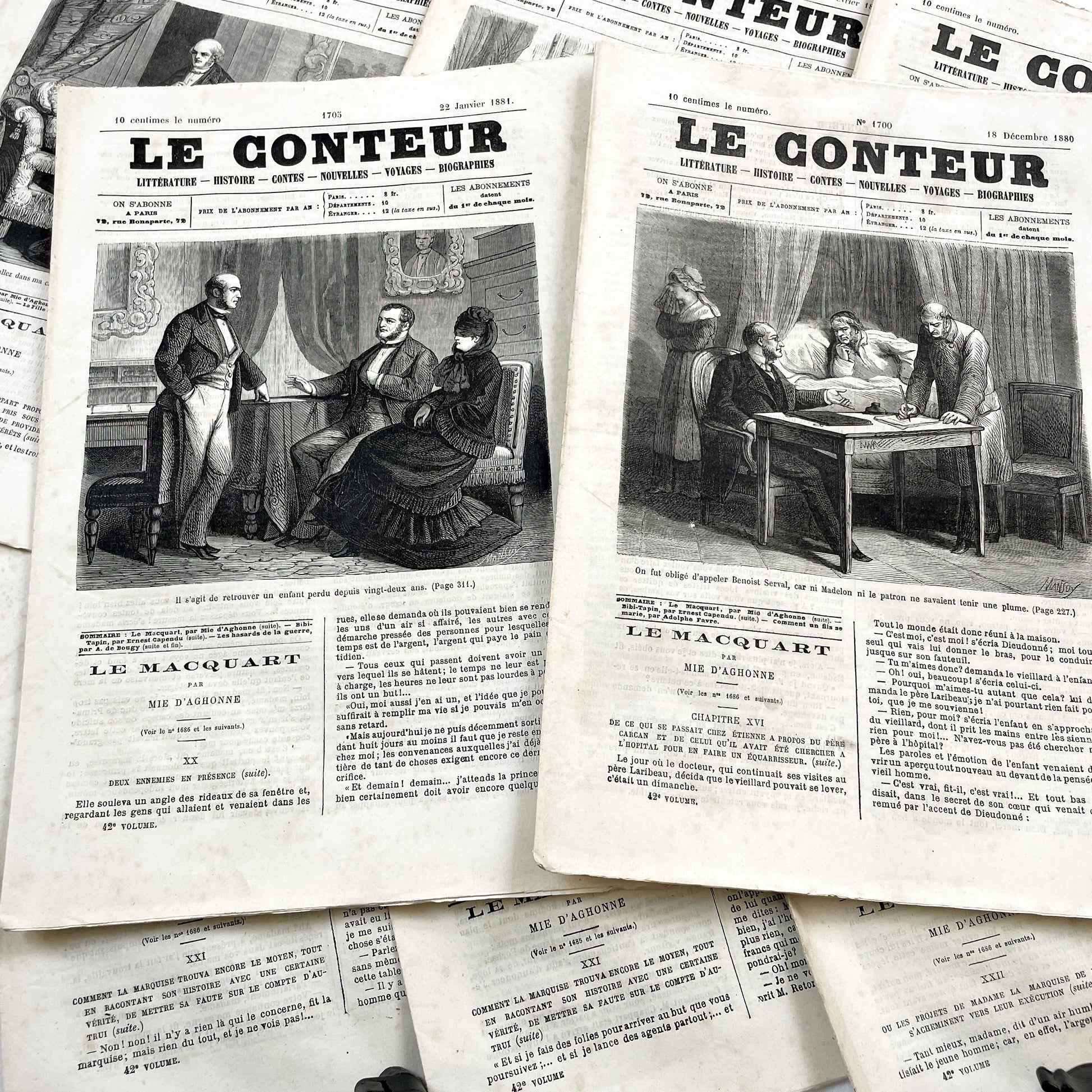 Late 19th - French Literary Newspaper Duo - Le Conteur Publications from 1880-1881 - Vintage French Periodical Set with Engravings
