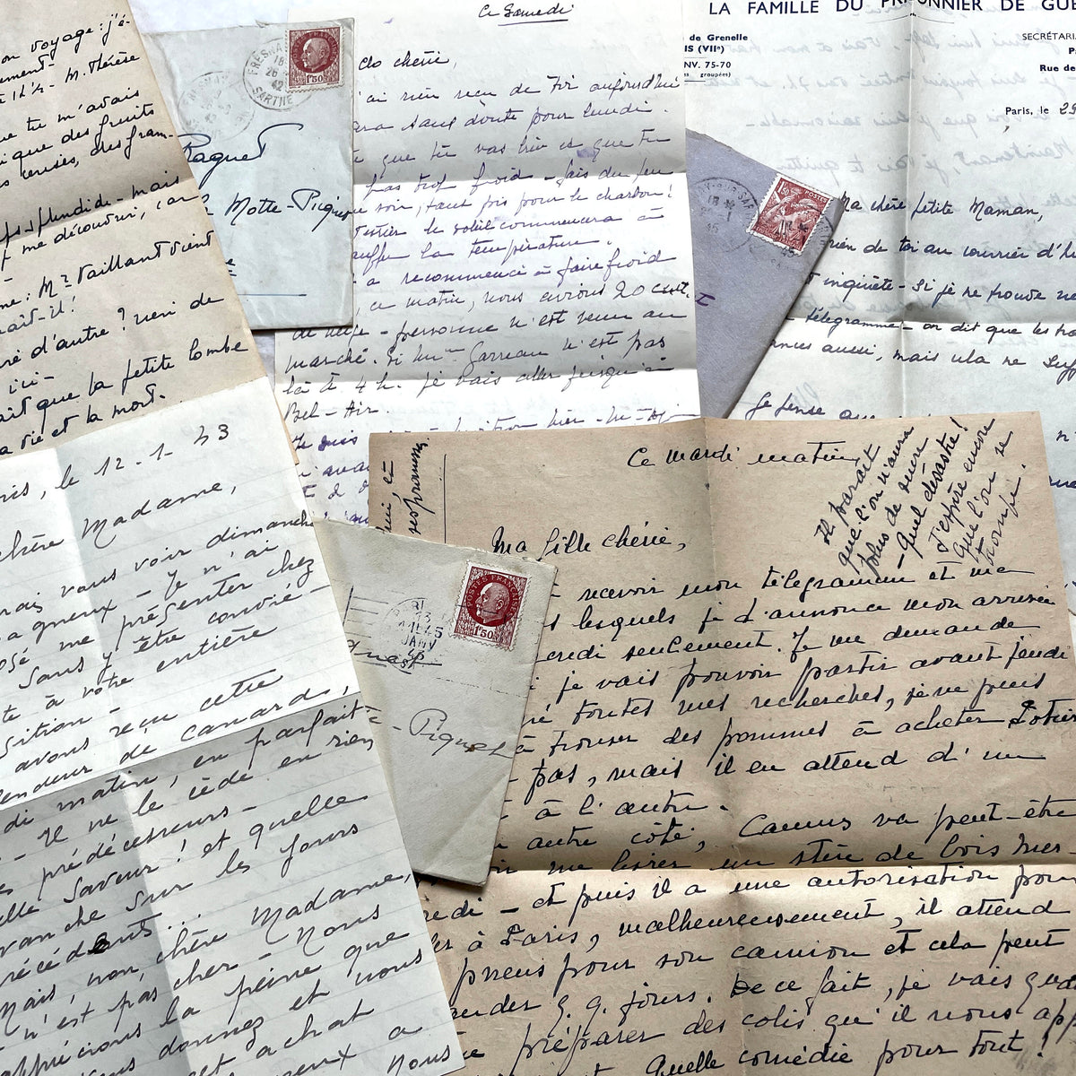 Lot of 1940s vintage French handwritten letters with old stamps and postmarks, including WWII era prisoner of war corresponde