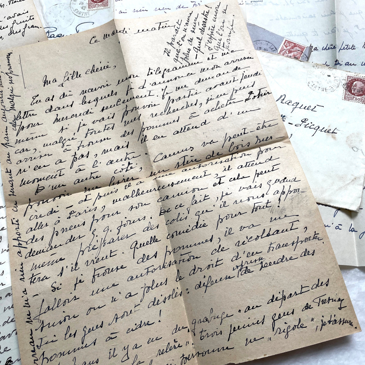 Lot of 1940s vintage French handwritten letters with old stamps and postmarks, including WWII era prisoner of war corresponde
