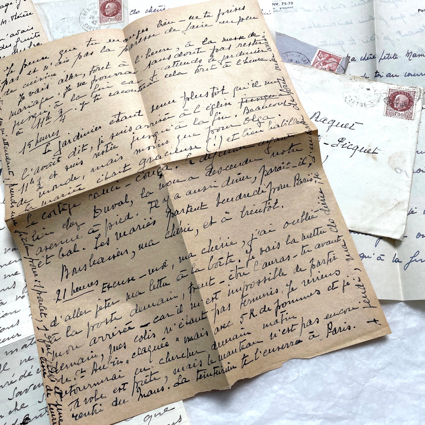 Lot of 1940s vintage French handwritten letters with old stamps and postmarks, including WWII era prisoner of war corresponde
