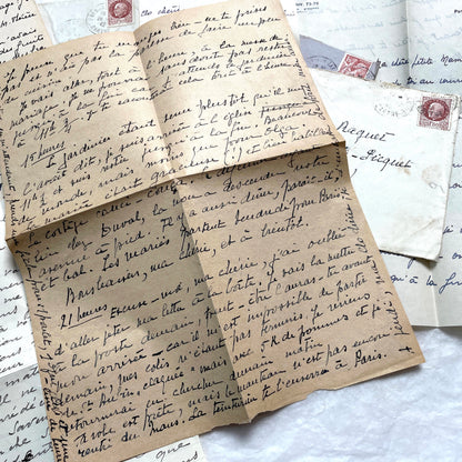 Lot of 1940s vintage French handwritten letters with old stamps and postmarks, including WWII era prisoner of war corresponde
