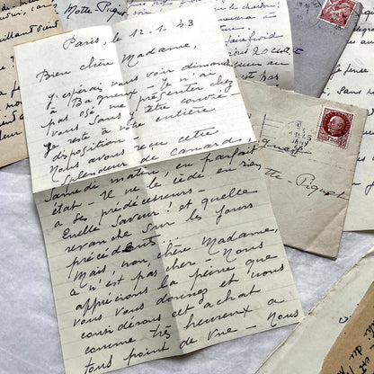 Lot of 1940s vintage French handwritten letters with old stamps and postmarks, including WWII era prisoner of war corresponde